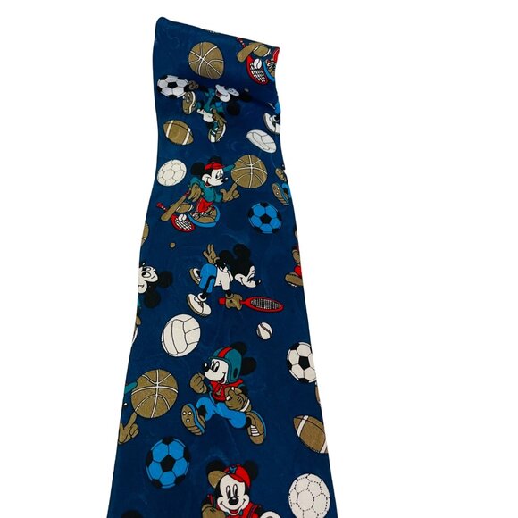 Vintage Mickey Mouse Sports Tie 100% Silk Blue With Soccer Basketball Tennis & B - Picture 2 of 3